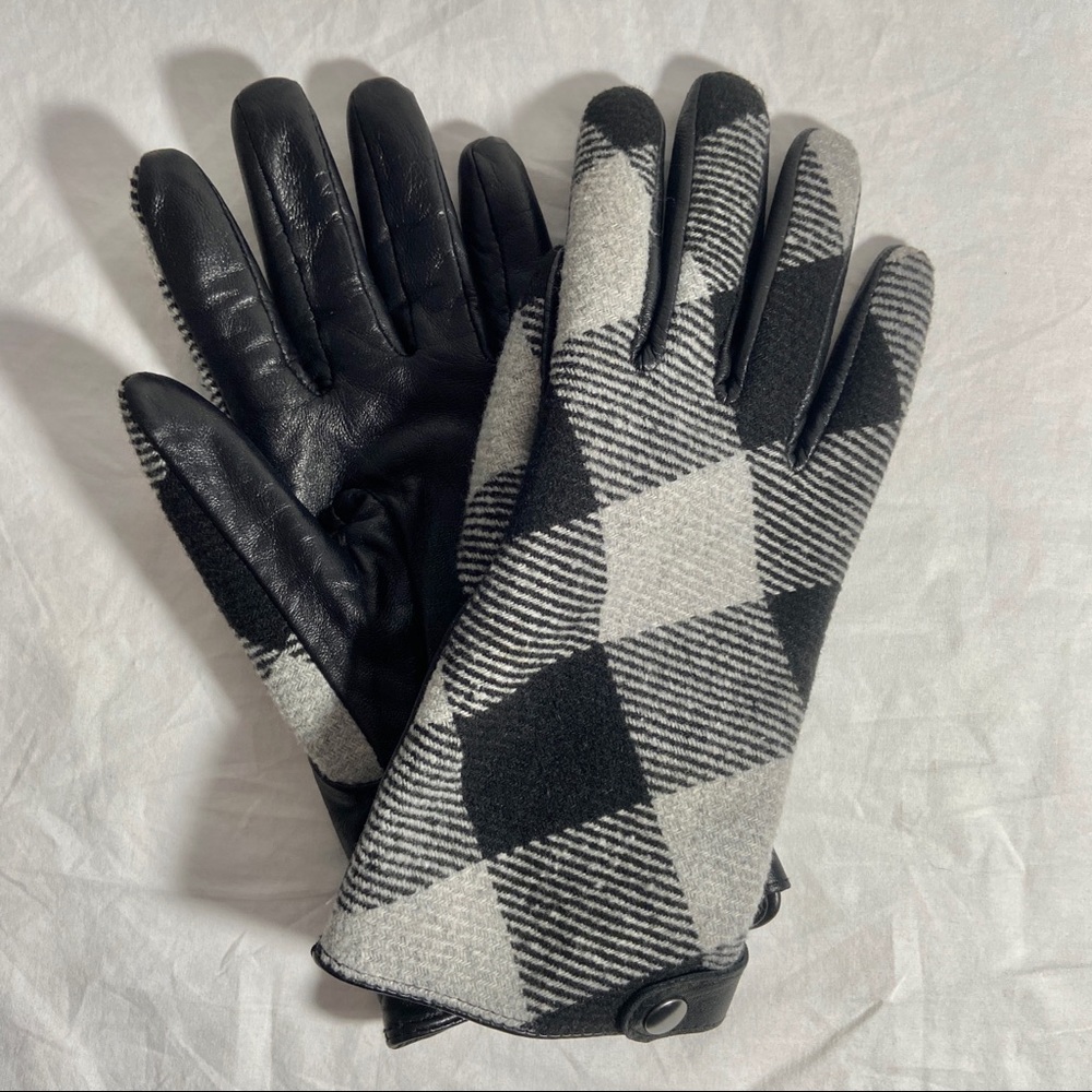 a new day Sheep Leather Wool Blend Grey Black Checkered Plaid Tech Touch Gloves